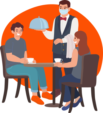 
              two people at the table, smiling and waiting for their order, which the waiter brought